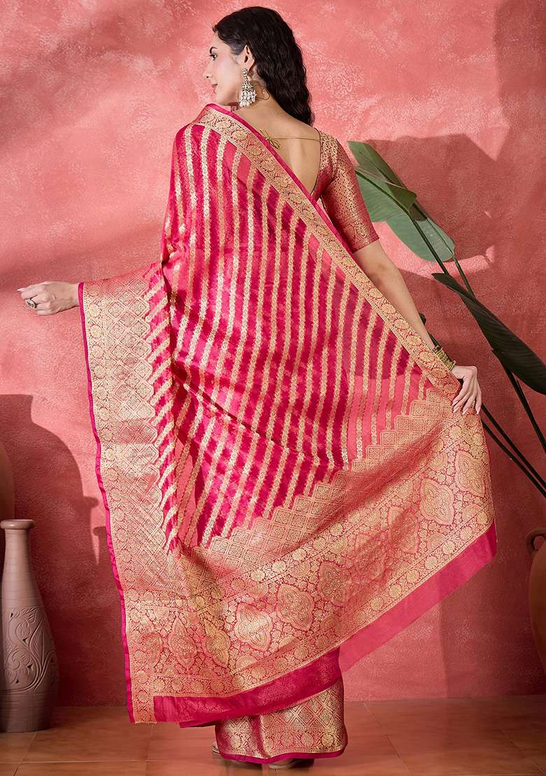 Rani Pink Kanjivaram Organza Saree Organza Saree Set for Diwali and Festive Wear - Indya