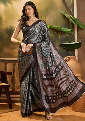Black Printed Azrakh Saree Satin Saree Set