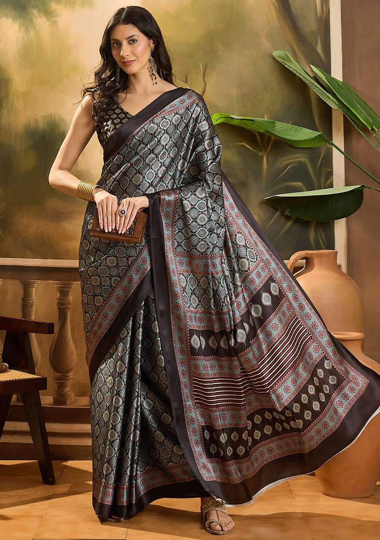 Black Printed Azrakh Saree Satin Saree Set - Indya