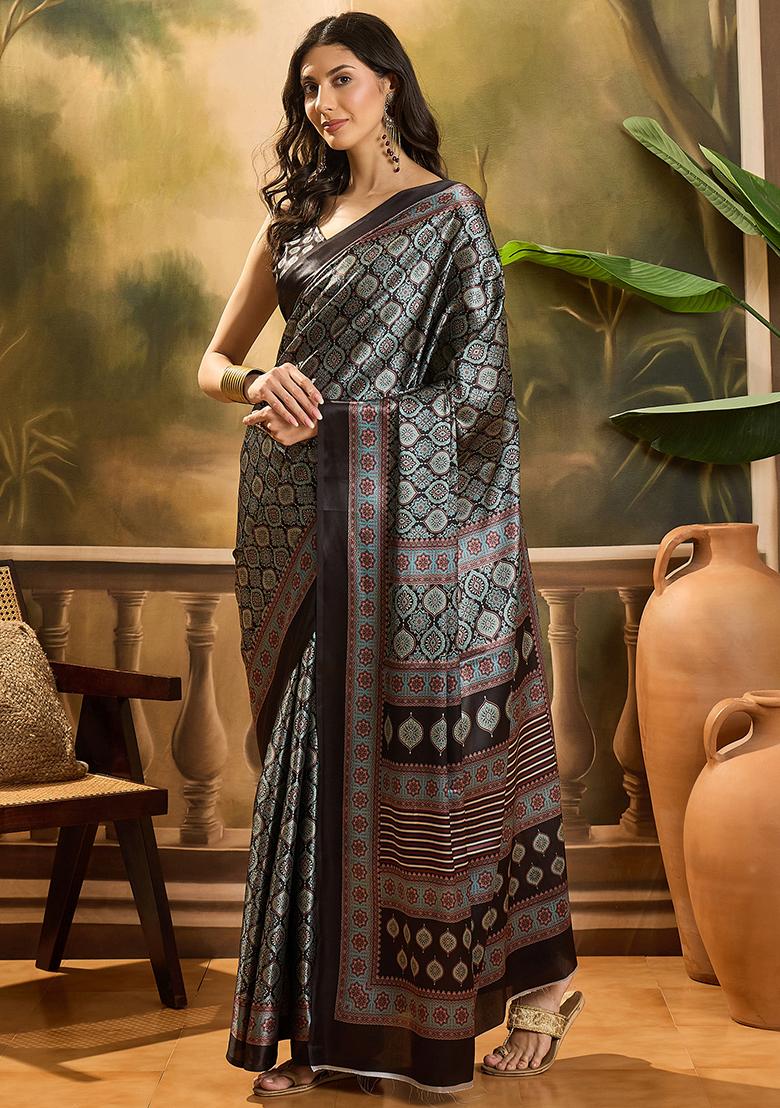 Black Printed Azrakh Saree Satin Saree Set