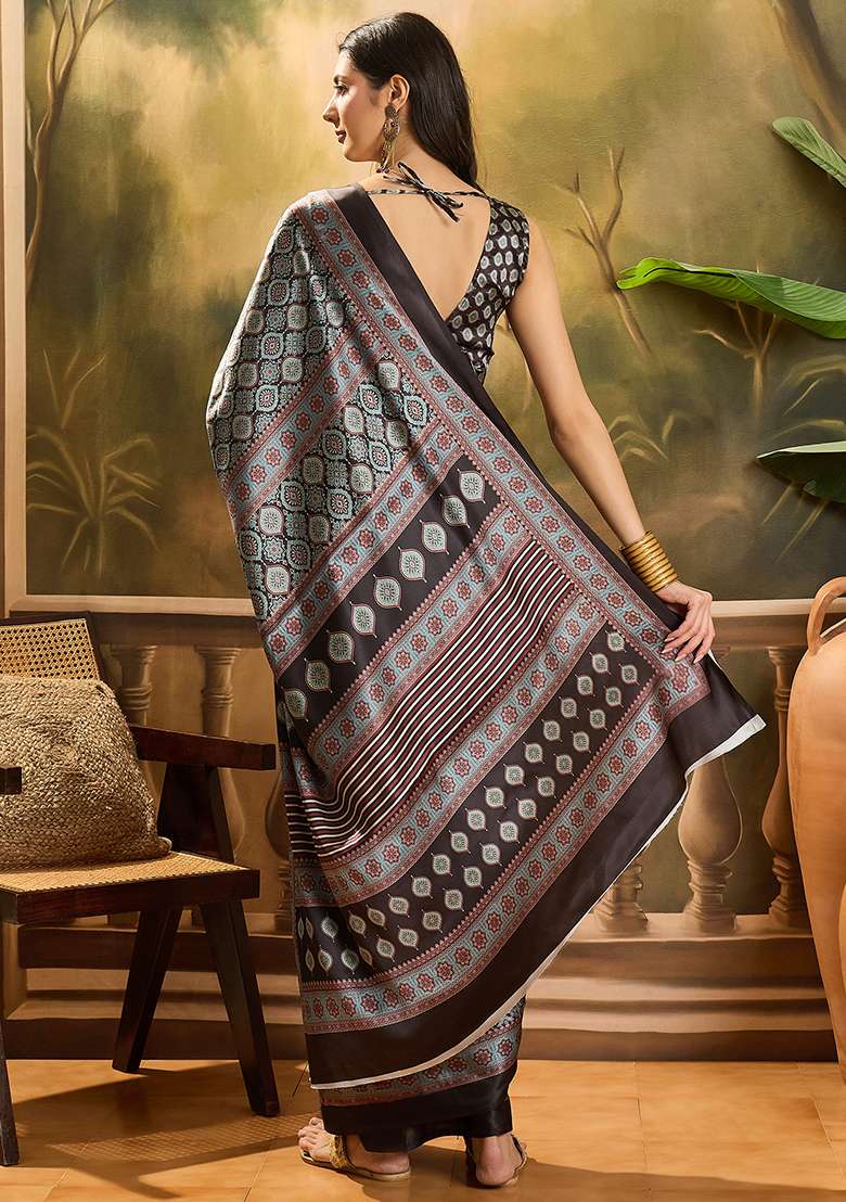 Black Printed Azrakh Saree Satin Saree Set - Indya