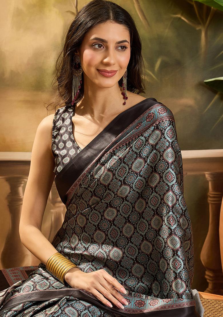 Black Printed Azrakh Saree Satin Saree Set