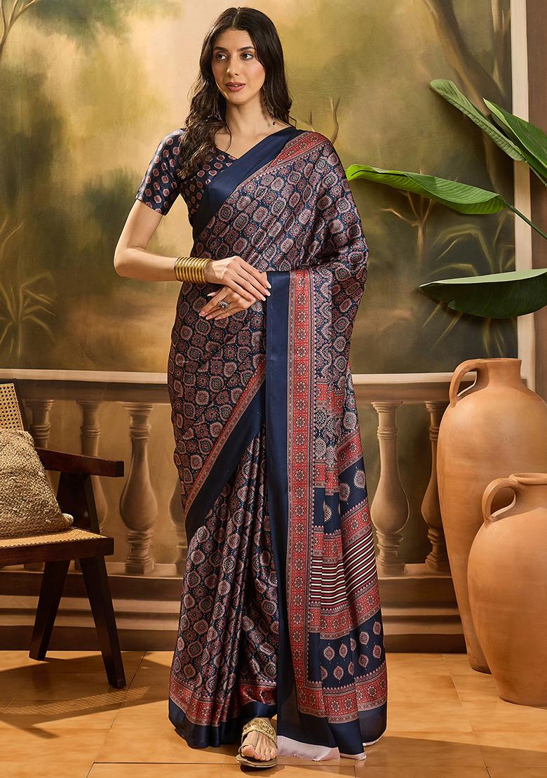 Navy Blue Printed Azrakh Saree Satin Saree Set
