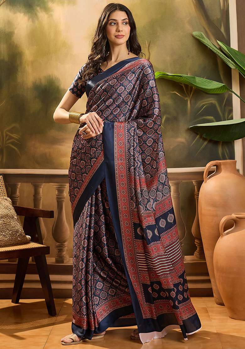 Navy Blue Printed Azrakh Saree Satin Saree Set - Indya