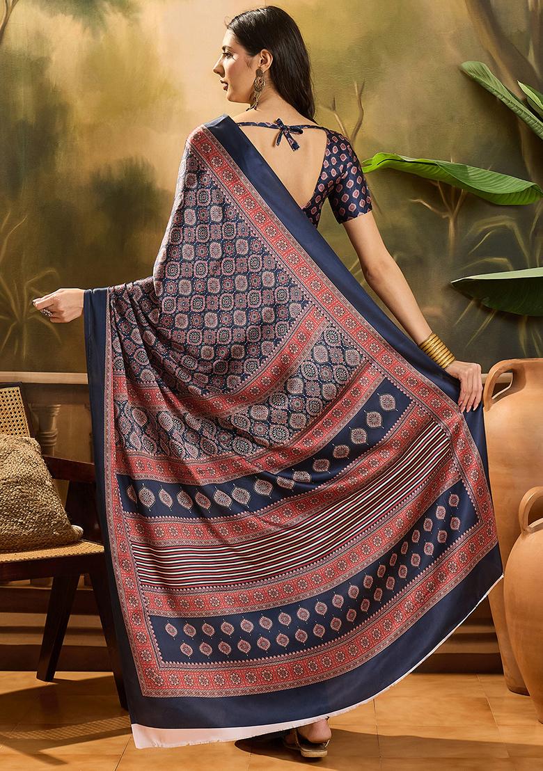 Navy Blue Printed Azrakh Saree Satin Saree Set