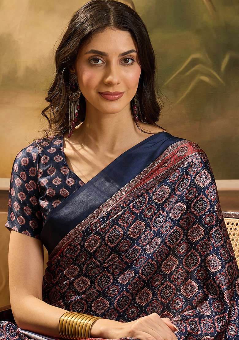 Navy Blue Printed Azrakh Saree Satin Saree Set - Indya