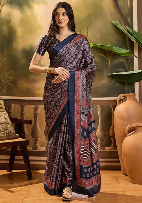 Navy Blue Printed Azrakh Saree Satin Saree Set