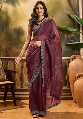 Maroon Beads  And  Stones Silk Chiffon Saree Set