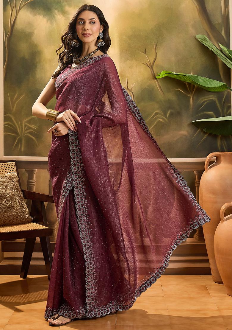 Maroon Beads  And  Stones Silk Chiffon Saree Set