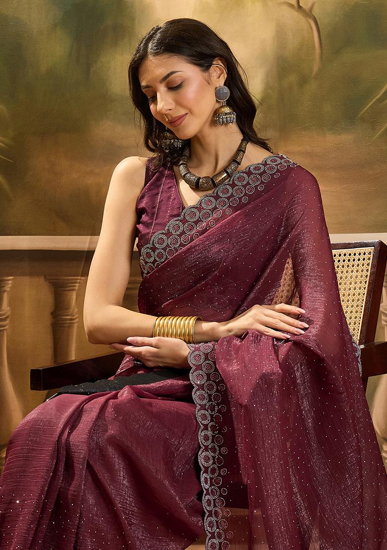 Maroon Beads  And  Stones Silk Chiffon Saree Set