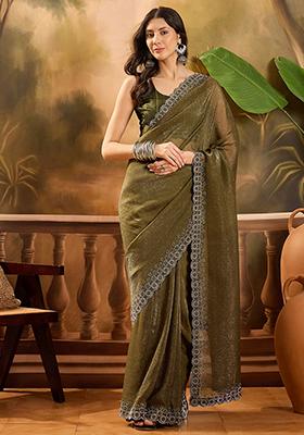 Olive Beads  And  Stones Silk Chiffon Saree Set