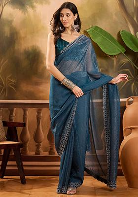 Teal Blue  Beads  And  Stones Silk Chiffon Saree Set