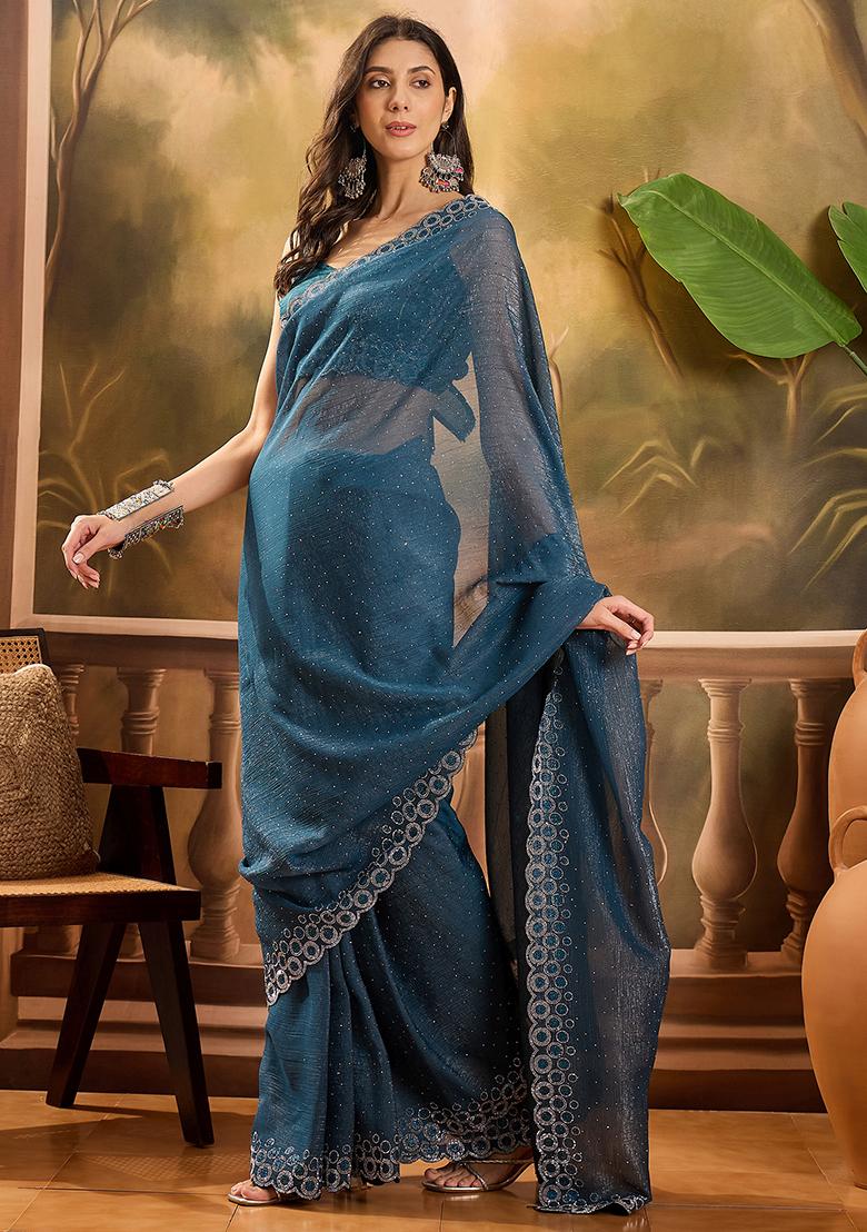 Teal Blue  Beads  And  Stones Silk Chiffon Saree Set