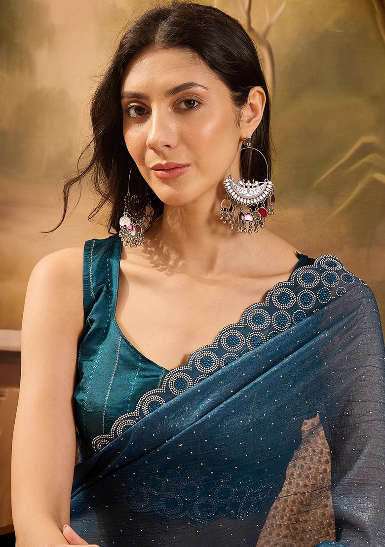 Teal Blue  Beads  And  Stones Silk Chiffon Saree Set
