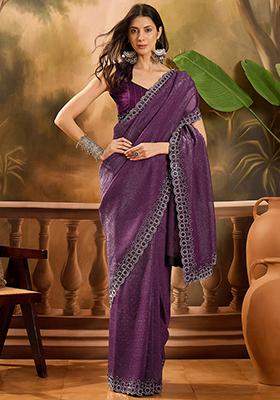 Wine Beads  And  Stones Silk Chiffon Saree Set