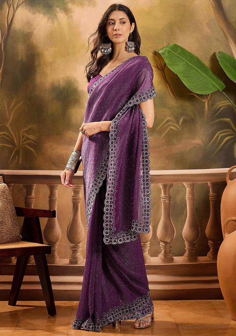 Wine Beads  And  Stones Silk Chiffon Saree Set