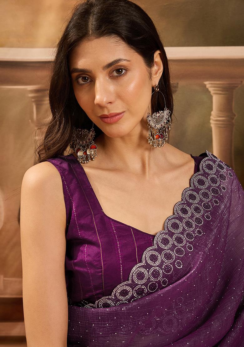 Wine Beads  And  Stones Silk Chiffon Saree Set