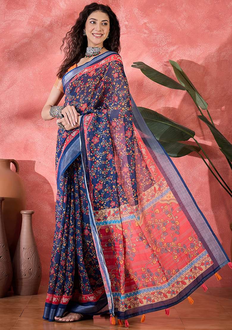 Navy Blue Printed Linen Saree Set - Indya