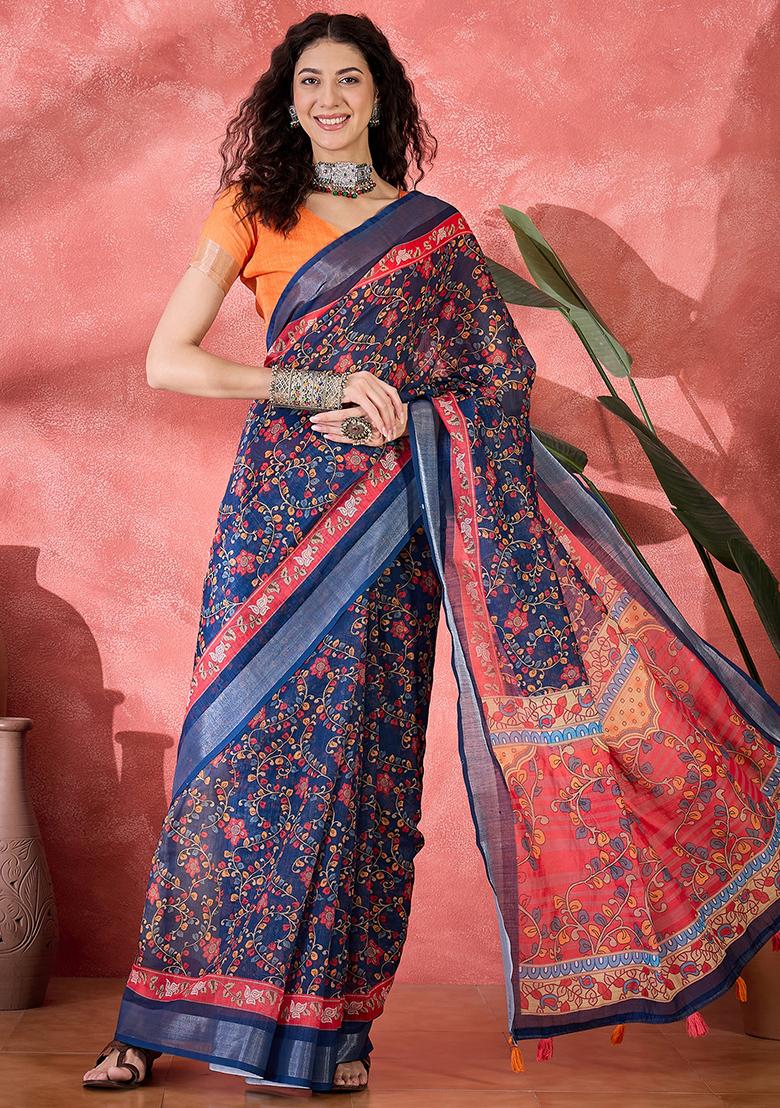 Navy Blue Printed Linen Saree Set