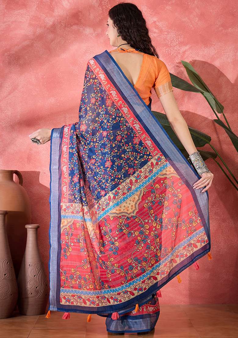 Navy Blue Printed Linen Saree Set - Indya
