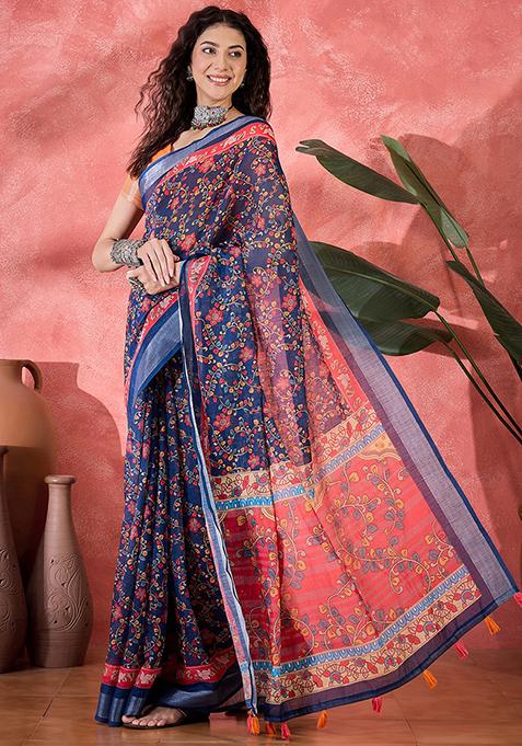 Navy Blue Printed Linen Saree Set