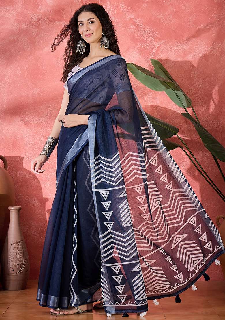 Navy Blue Printed Linen Saree Set - Indya