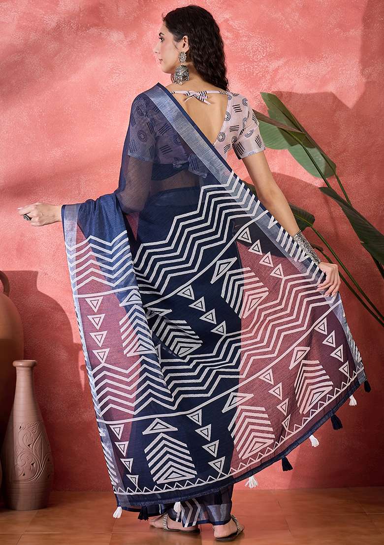 Navy Blue Printed Linen Saree Set - Indya