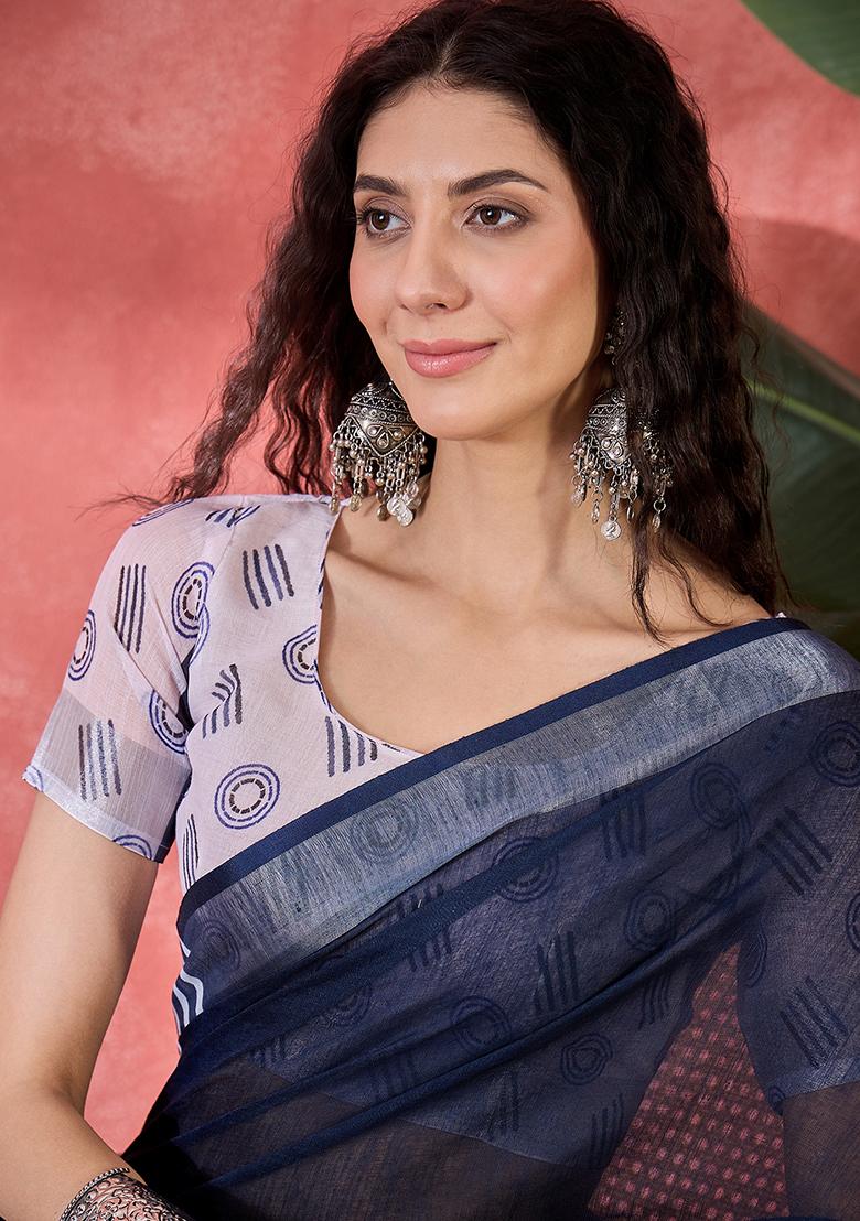 Navy Blue Printed Linen Saree Set
