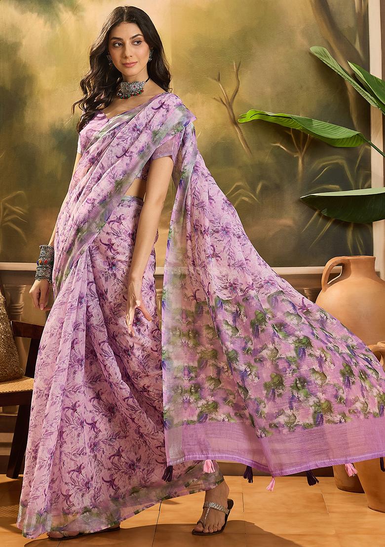 Lavender Printed Linen Saree Set