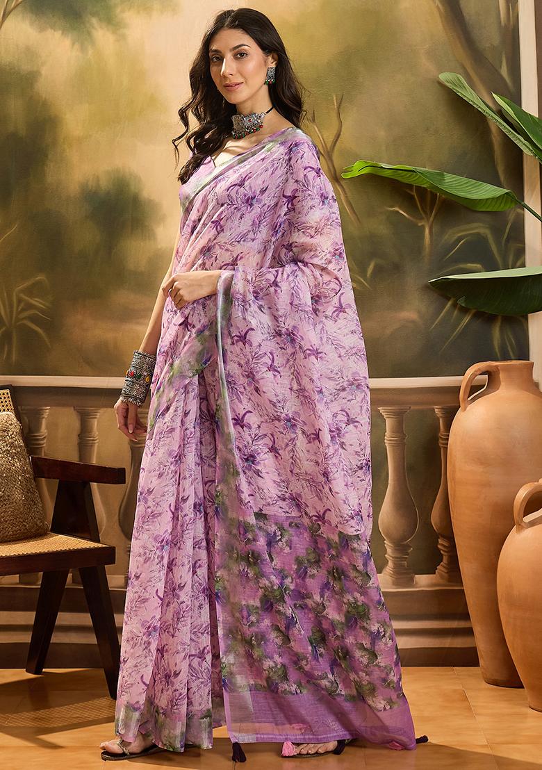 Lavender Printed Linen Saree Set