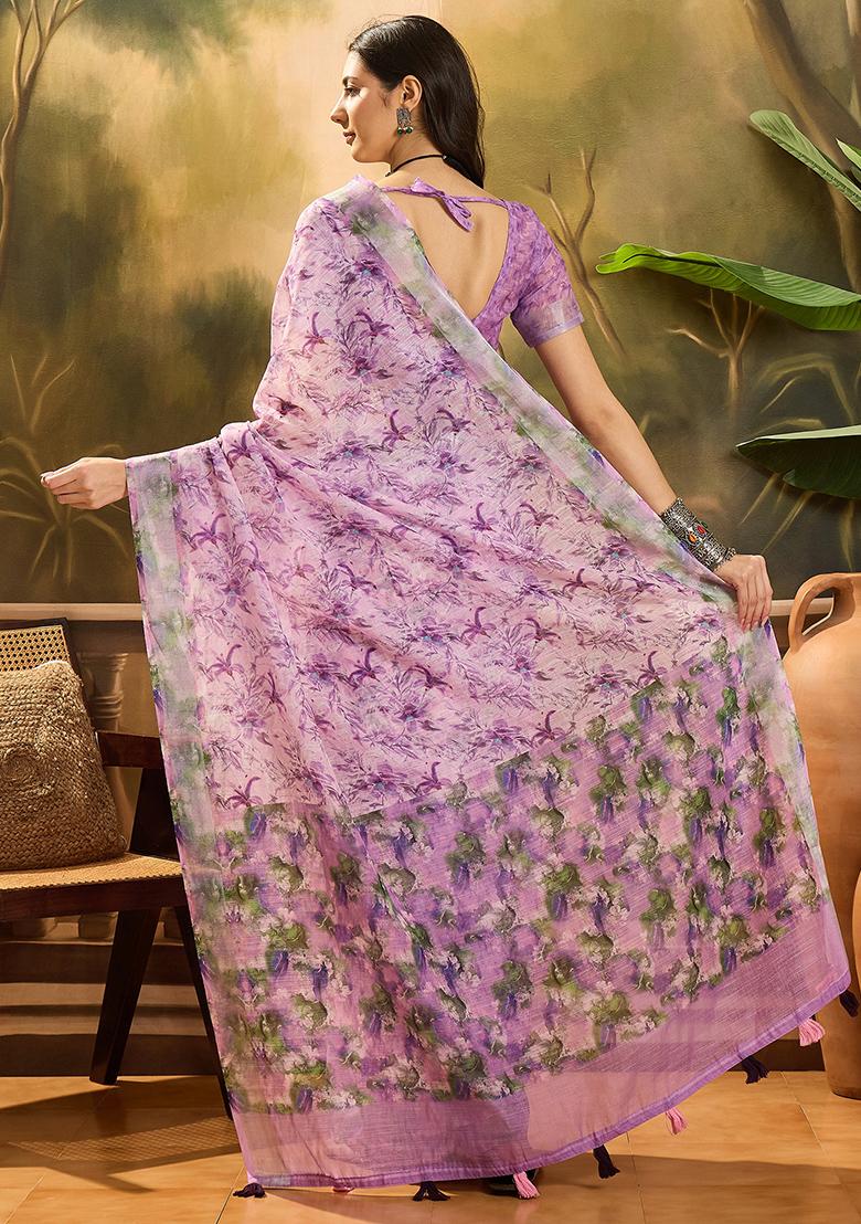 Lavender Printed Linen Saree Set