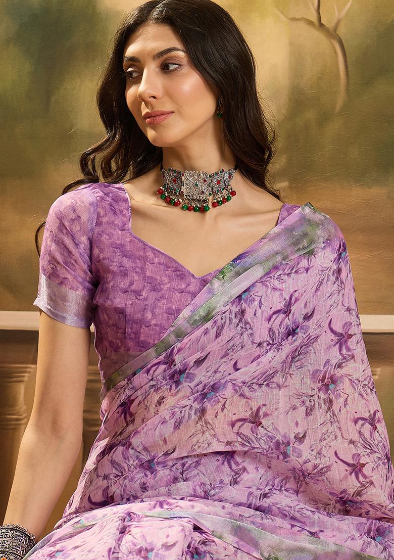 Lavender Printed Linen Saree Set