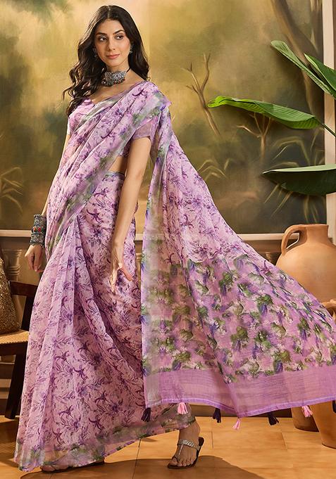 Lavender Printed Linen Saree Set