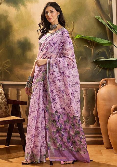 Lavender Printed Linen Saree Set