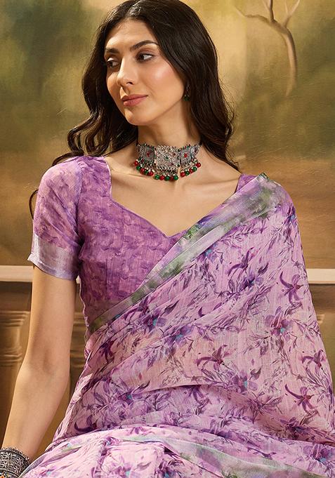 Lavender Printed Linen Saree Set