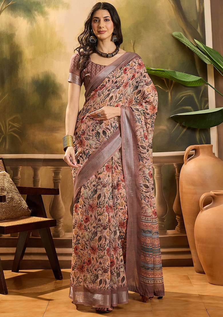 Brown Printed Linen Saree Set - Indya
