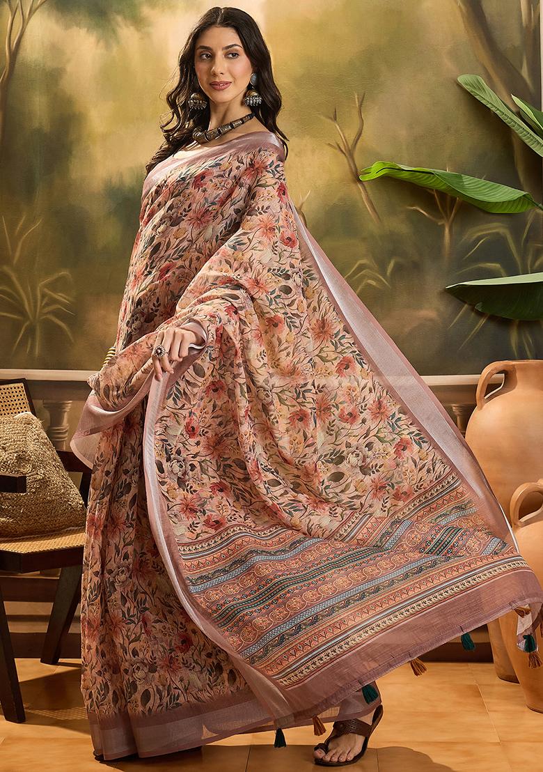 Brown Printed Linen Saree Set