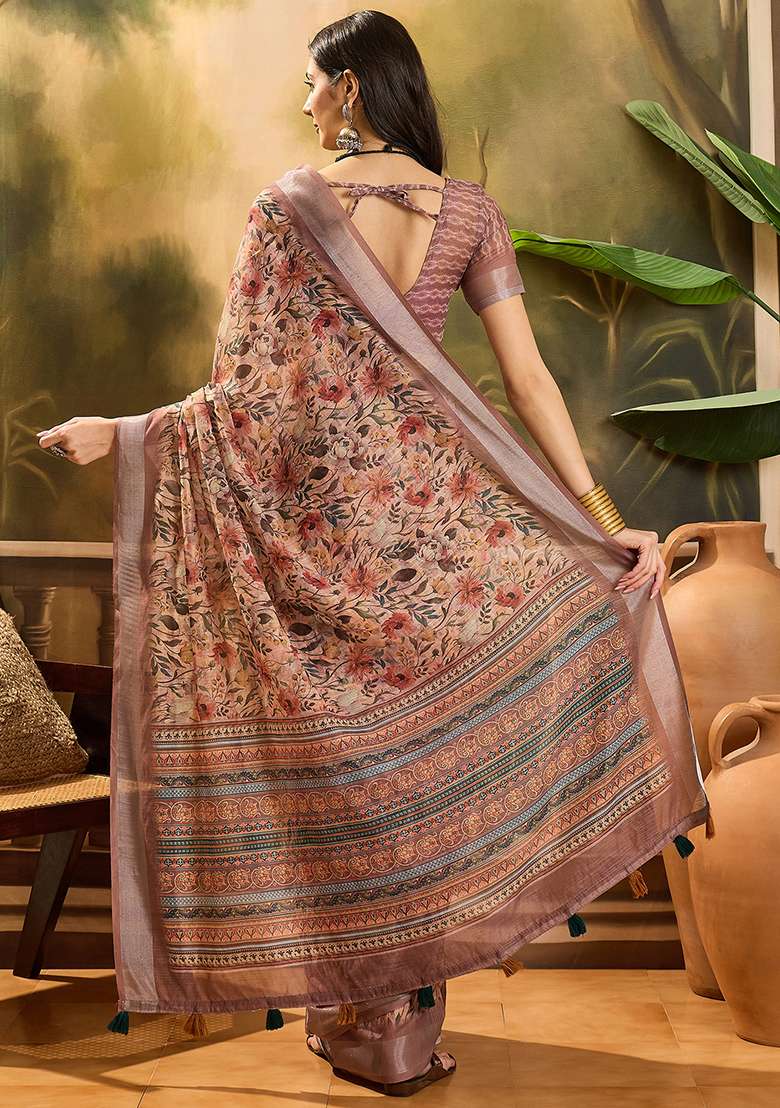 Brown Printed Linen Saree Set - Indya