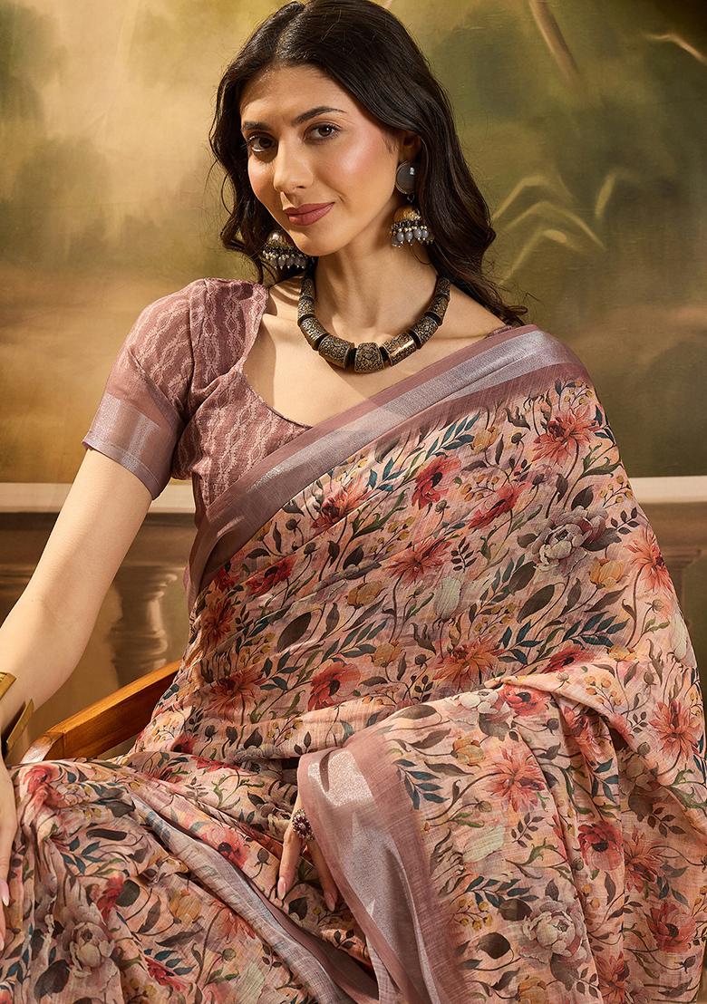 Brown Printed Linen Saree Set