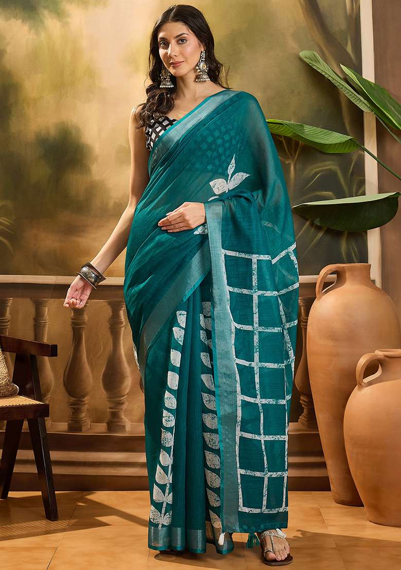 Teal Blue  Printed Linen Saree Set - Indya