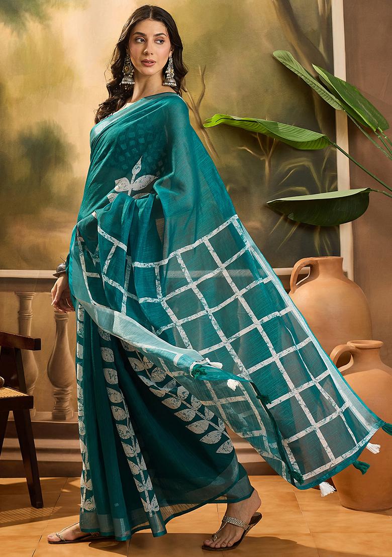 Teal Blue  Printed Linen Saree Set