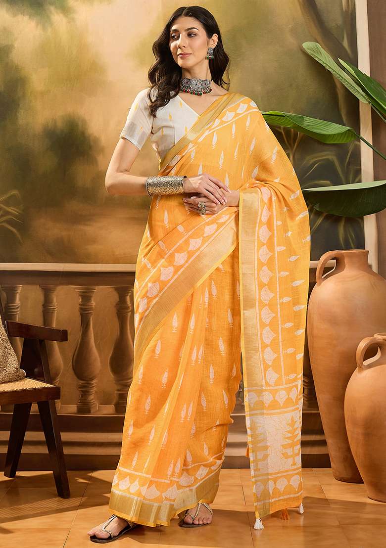 Orange Printed Linen Saree Set - Indya