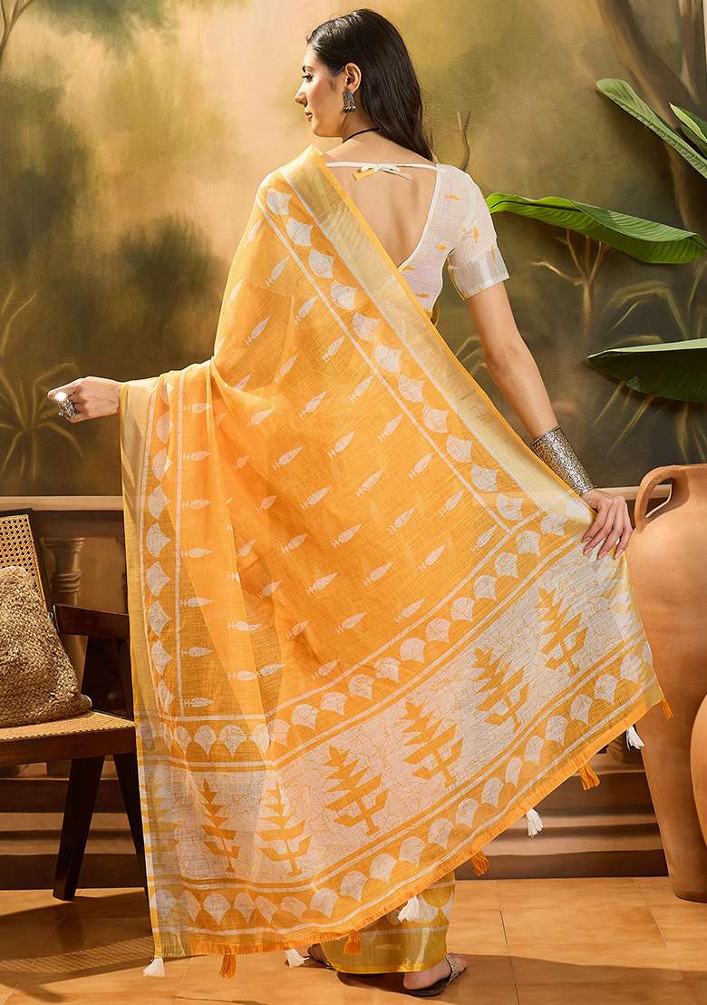 Orange Printed Linen Saree Set - Indya