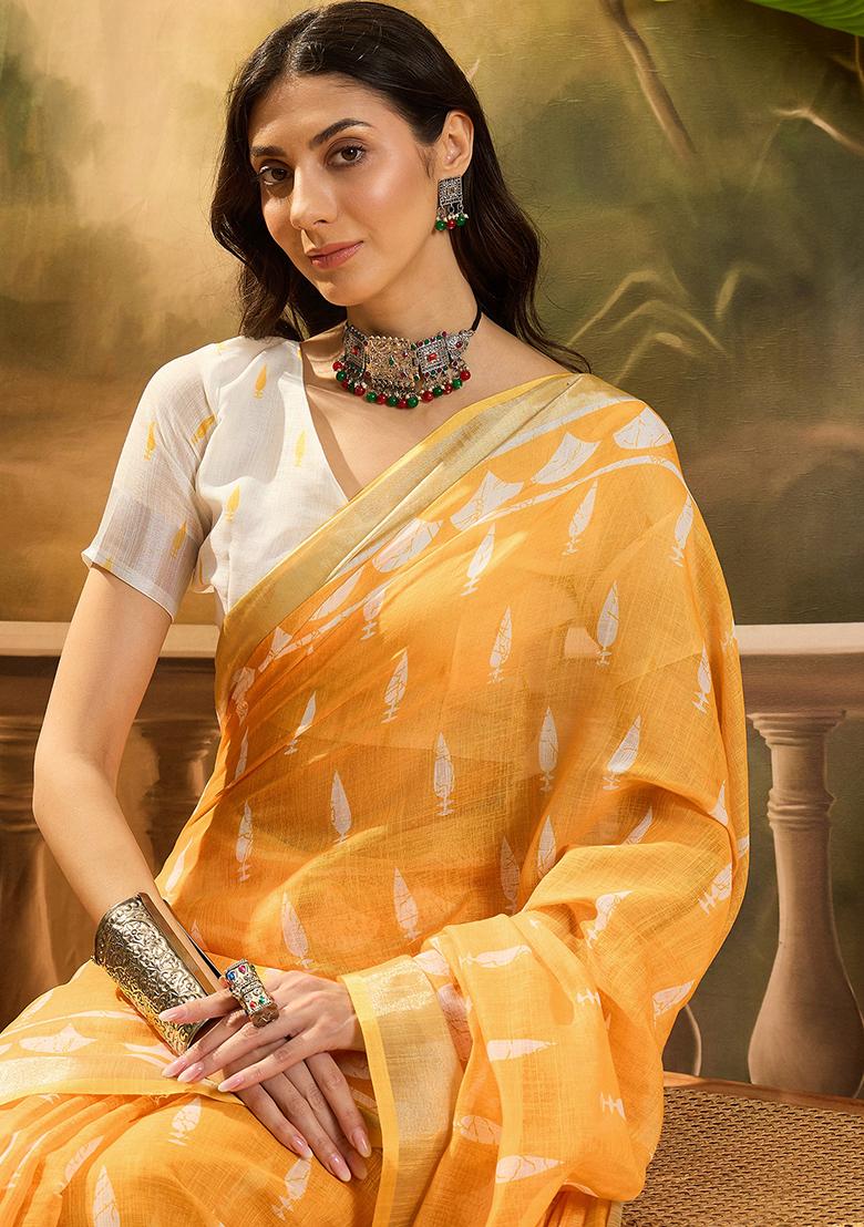Orange Printed Linen Saree Set