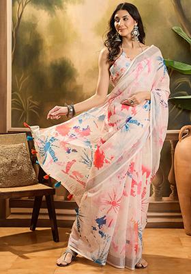Off White Printed Linen Saree Set