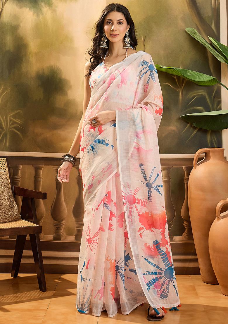 Off White Printed Linen Saree Set