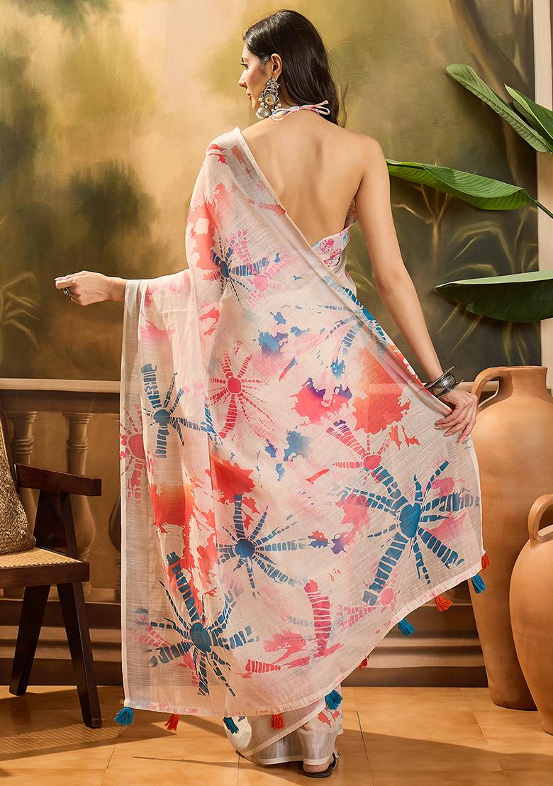 Off White Printed Linen Saree Set - Indya