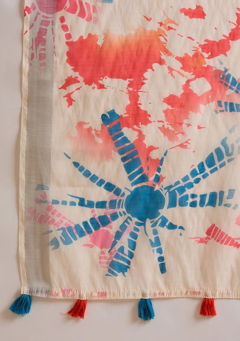 Off White Printed Linen Saree Set - Indya