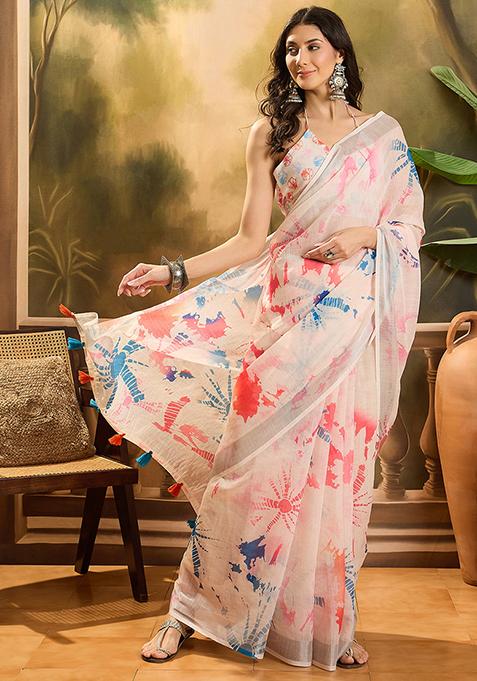 Off White Printed Linen Saree Set
