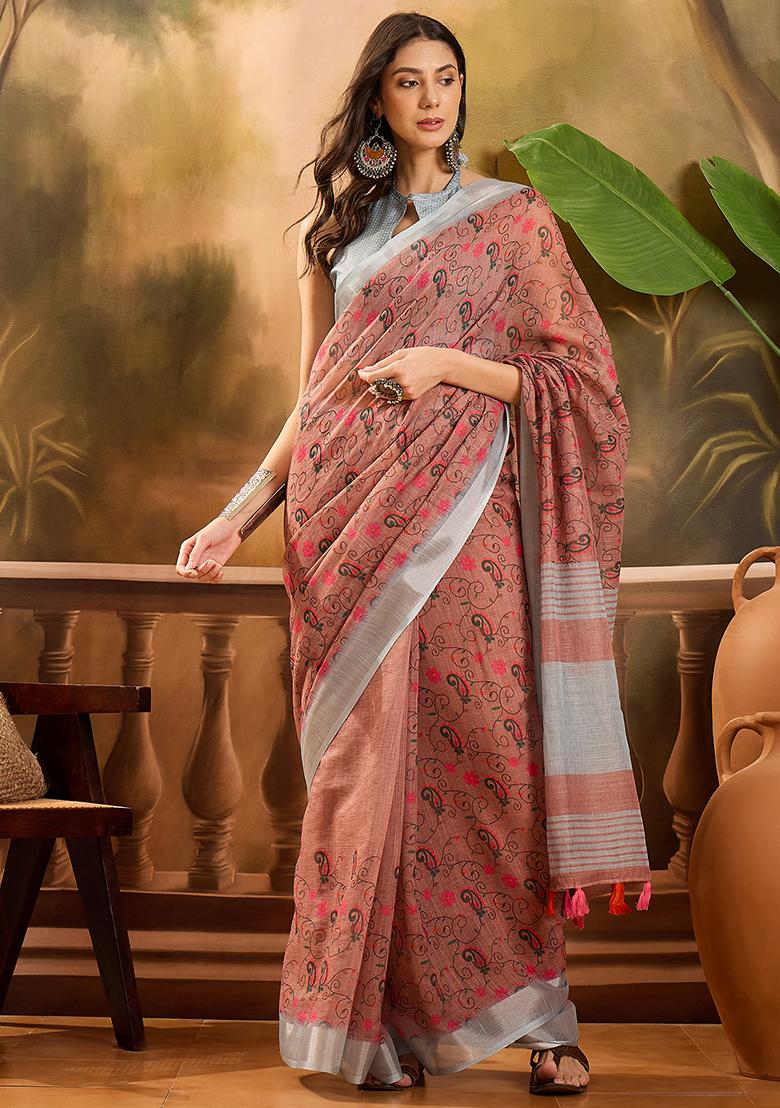 Brown Printed Linen Saree Set